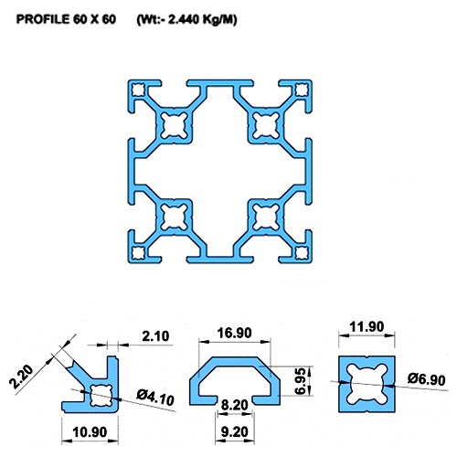 6060 T Slot (1 Meter) Heavy Aluminium Extrusion