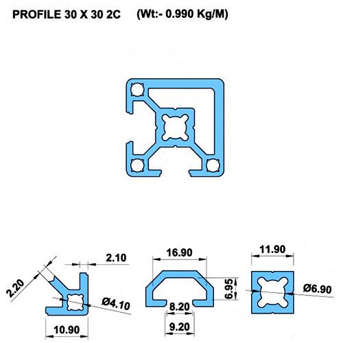 Dimension of 3030-2C Tslot Aluminium Extrusion