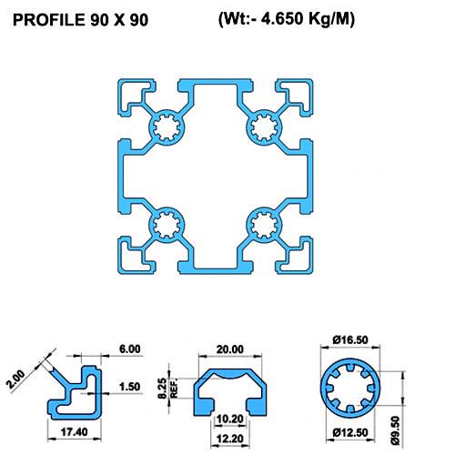 Dimension of 9090 Tslot Aluminium Extrusion